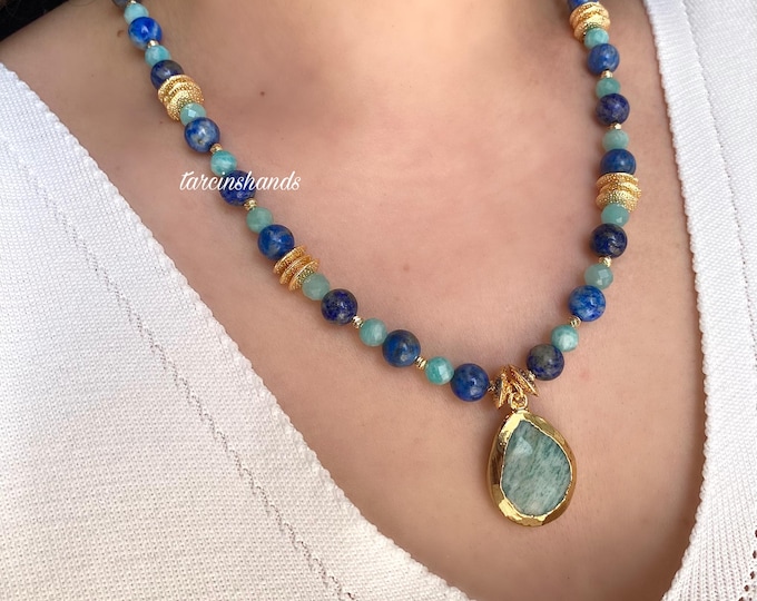 Amazonite and Lapis Lazuli Necklace with Gemstone Pendant,Blue Semi Precious Stone Summer Necklace for Women,Boho Beaded Necklace