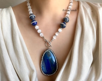 Selenite and Lapis Lazuli Necklace with Moss Agate Pendant - Bohemian Silver-Plated Elegance