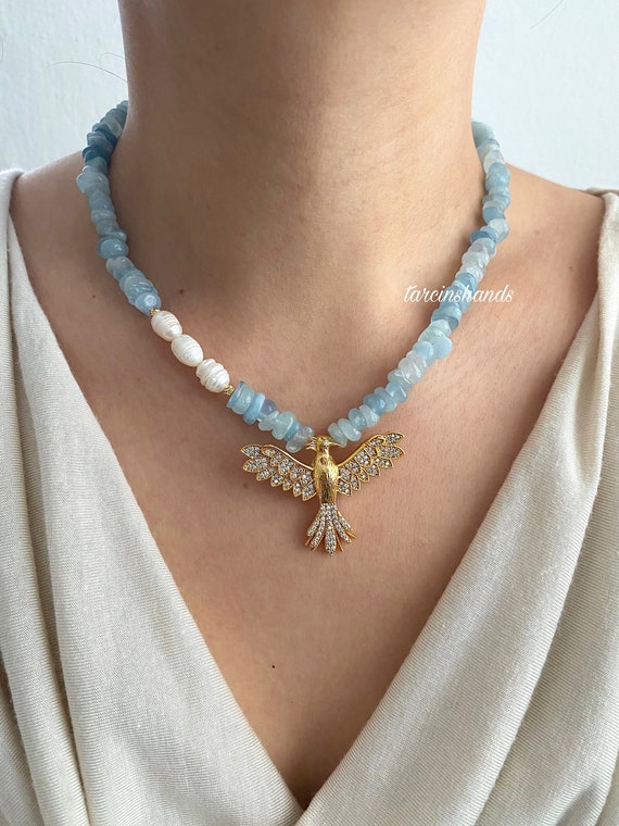 Aquamarine Pearl Necklace: Gold Phoenix Pendant, Handmade Jewelry