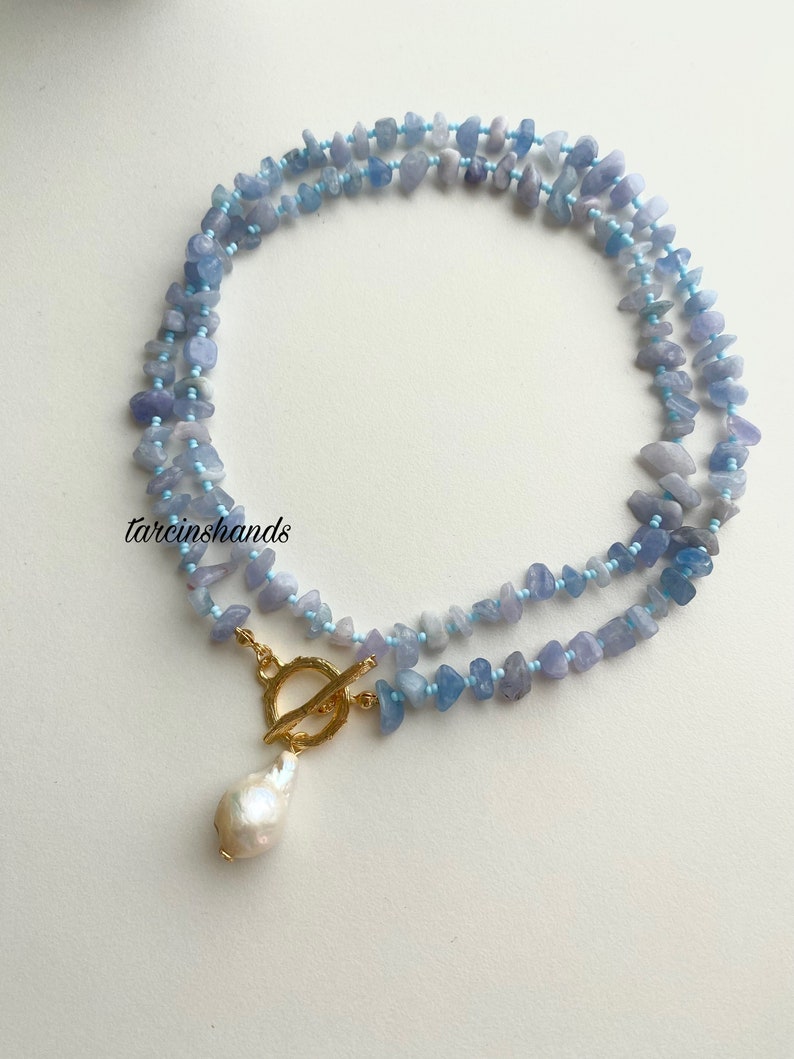 Aquamarine beaded baroque peael gold toggle necklace , long necklace , multistrand gemstone necklace , blue natural stone necklace zdjęcie 4