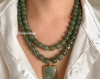 Multistrand Aventurine Gold Necklace with Green Aquamarine Pendant , Green Gemstone Necklace , Beaded Natural Aventurine Necklace