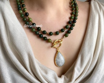 Multistrand Dark Green Jade and Moonstone Necklace: Bohemian Anniversary Gift