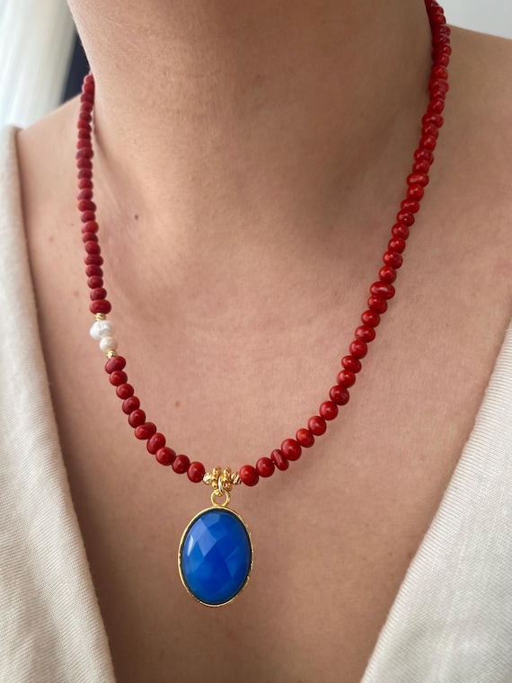 Red Coral & Chalcedony Pendant Necklace: Gold-Plated Boho Jewelry