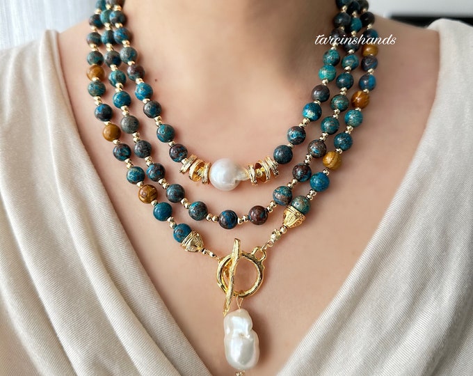 Chunky Chrysocolla Gemstone and Baroque Pearl 14k Gold-Filled T Bar Clasp Multistrand Necklace Pendant - Crystal Jewelry, Anniversary Gifted
