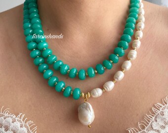 Multistrand Blue Agate Baroque Pearl Pendant Gold Filled Necklace,Half Pearl Half Gemstone Necklace,Chunky Statement Bold Gemstone Necklace