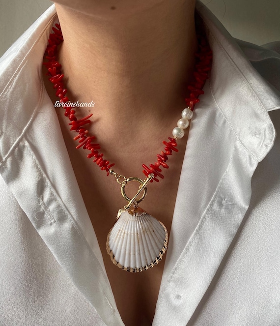 Red Coral Seashell Pendant Necklace: Gold Toggle, Freshwater Pearls, 18 Inch