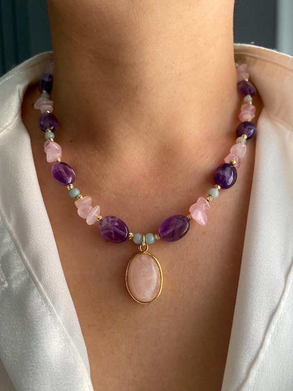 Rose Quartz, Amethyst, Amazonite Necklace: Gold-Plated Gemstone
