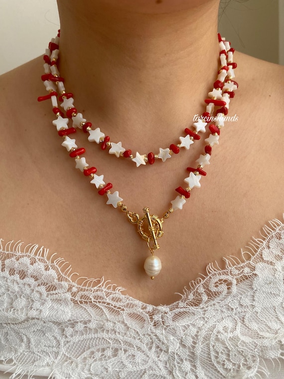 Red Coral Star Necklace: Mother of Pearl & Pearl Pendant