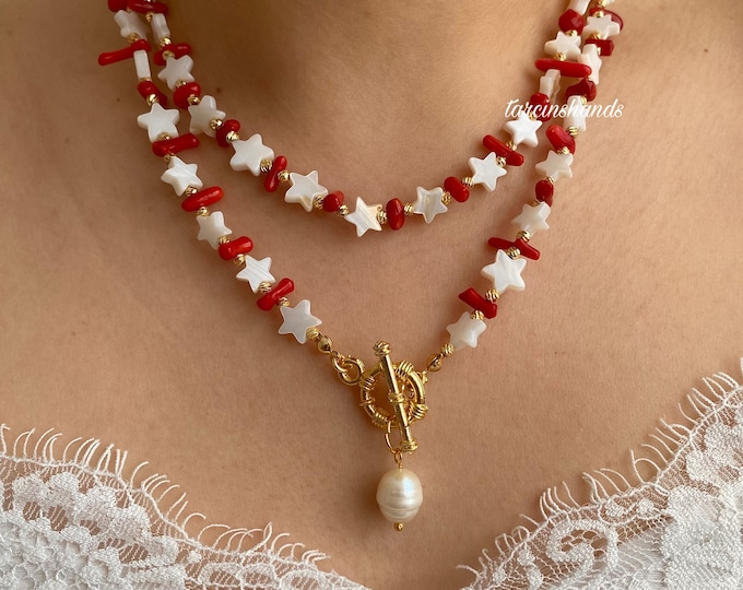 Natural Red Coral Star Mother of Pearl Long Necklace with Toggle,Beaded Gemstone Summer Necklace,Dainty Coral Necklace with Pearl Pendant