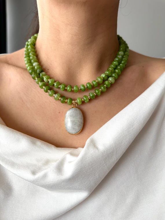 Multistrand Green Agate Necklace with Moonstone Pendant, Gold Plated Boho Statement Jewelry