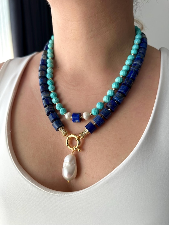Lapis Lazuli Turquoise Necklace: Baroque Pearl Pendant, Boho Gemstone Jewelry Gift For
