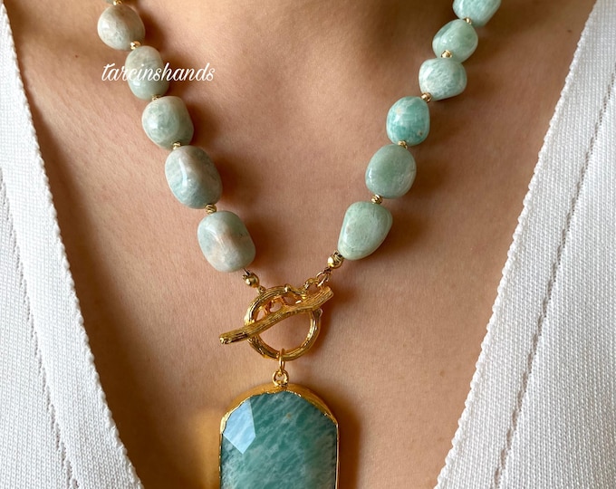 Amazonite Necklace, Beaded Amazonite Gold Necklace with Clasp, Blue Semi Precious Stone Necklace , Chunky Gemstone Necklace , Gift For Women