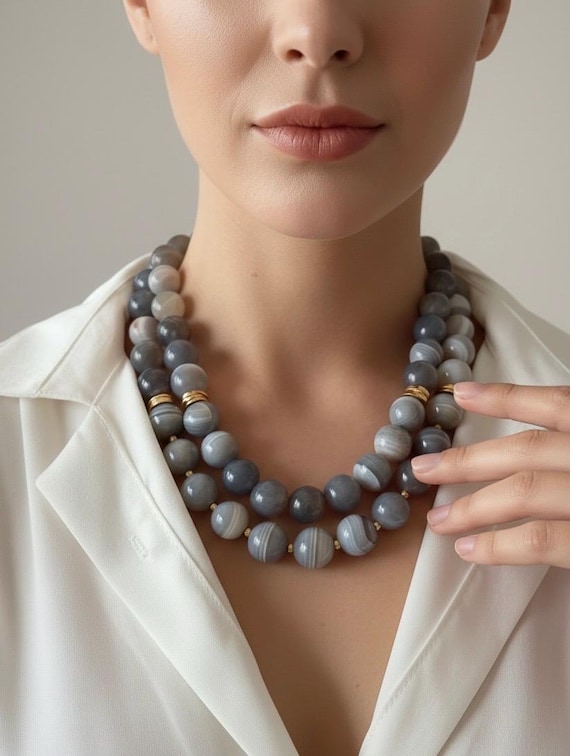 Chunky Gray Moss Agate Statement Necklace, Gold Plated Necklace,Boho Jewelry