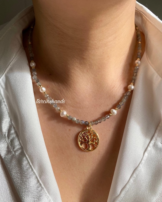 Labradorite Pearl Necklace: Gold Tree Pendant, Minimalist Jewelry