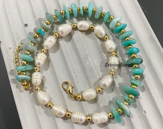 Half amazonite half freshwater pearl gold plated necklace , half-half necklace , natural stone necklace , beaded gemstone necklace