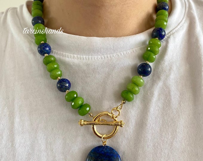 Jade and Lapis Lazuli Necklace with Toggle Clasp,Handmade Chunky Green Semi Precious Stone Necklace For Women,Statement Big Bold Necklace
