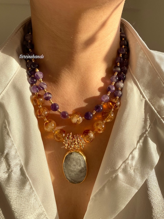 Amethyst Citrine Necklace, Gold Moonstone Pendant, Handmade Convertible Set, Purple Yellow Gemstone, Christmas Gift for Mom