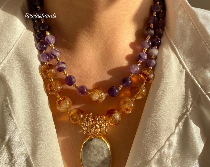 Multistrand Amethyst and Citrine Gold Necklace with Moonstone Pendant , Multistone Necklace , Statement Chunky Gemstone Necklace
