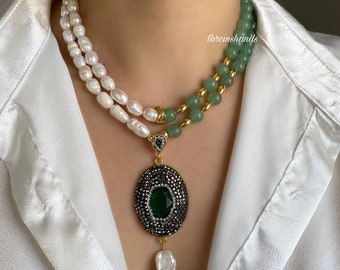 Multistrand Half Aventurine Half Pearl Gold Filled Necklace with Baroque Pearl Pendant , Layered Gemstone Necklace , Green Natural Stone