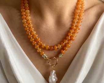 Orange Agate Necklace, Baroque Pearl Pendant, Gold Plated Boho Jewelry