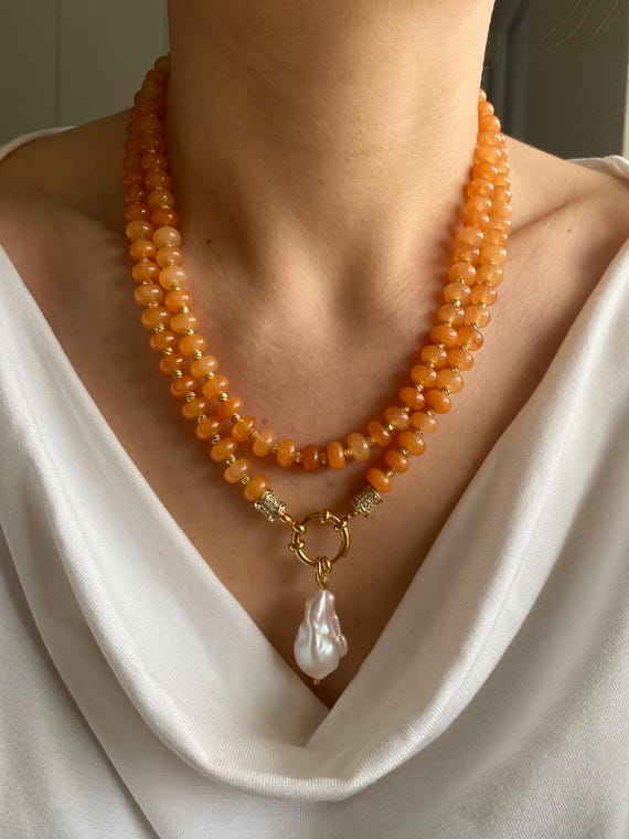 Orange Agate Necklace, Baroque Pearl Pendant, Gold Plated Boho Jewelry