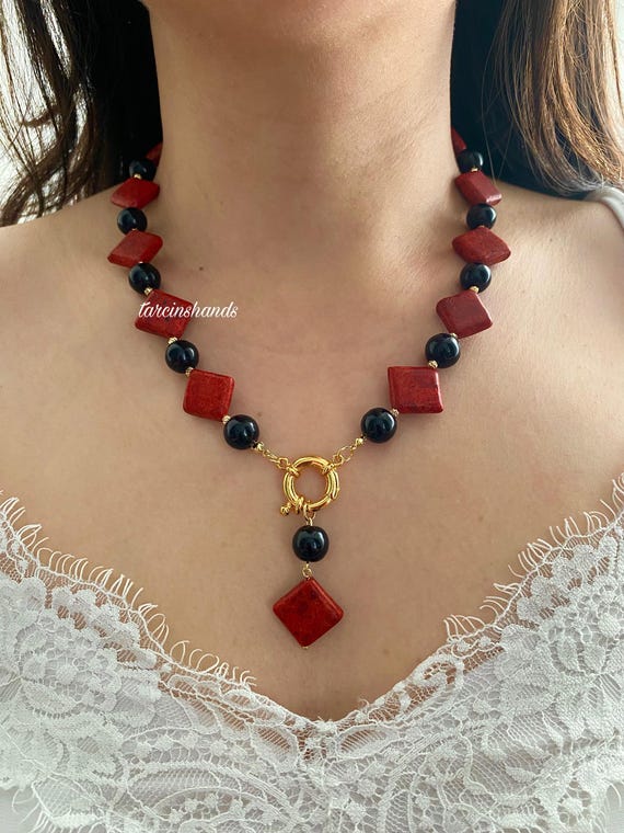 Chunky Red Coral & Black Onyx Necklace: Gold-Plated Boho Statement Jewelry