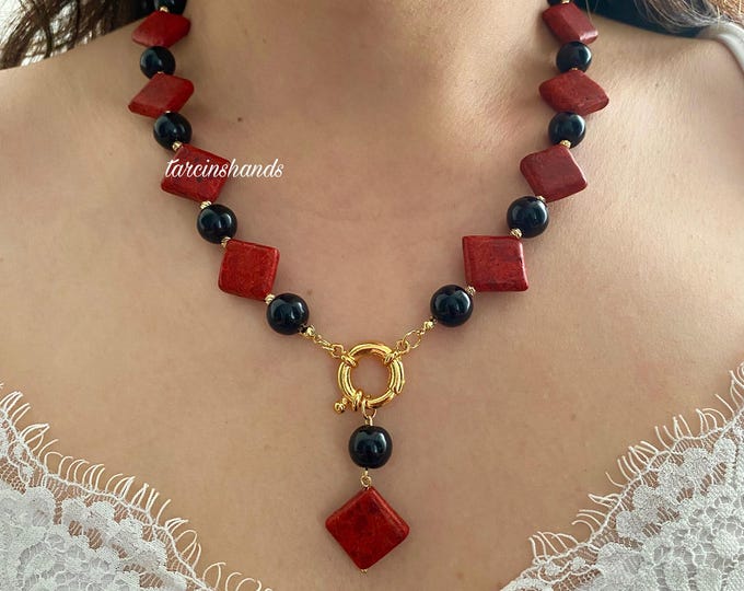 Natural Red Coral and Onyx Necklace,Handmade Summer Boho Chunky Gemstone Necklace For Women,Semi Precious Stone Necklace,Gift For Women
