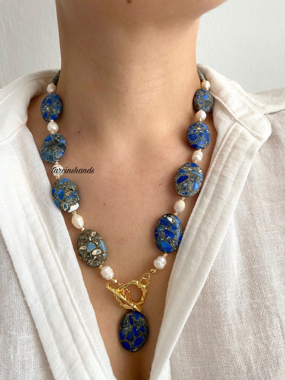 Lapis Lazuli Freshwater Pearl Gold Toggle Necklace , Pearl and Lapis Lazuli Necklace , Beaded Lapis Lazuli Necklace , Gift For Woman