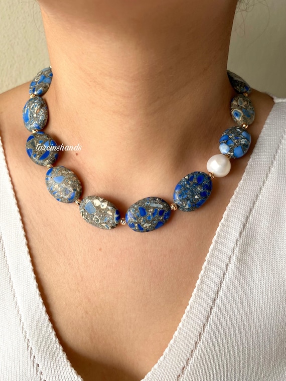 Mosaic Lapis Lazuli Necklace: Baroque Pearl Accent, Gold-Plated
