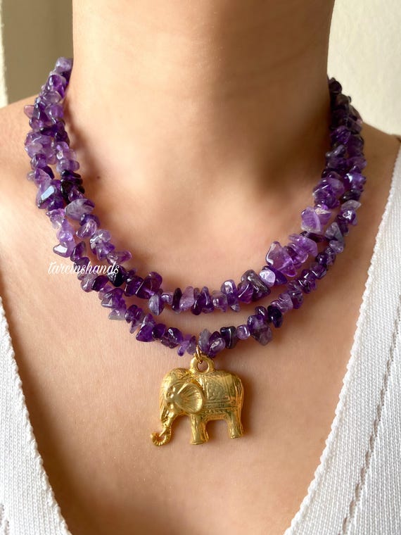 Amethyst Beaded Necklace: Gold Elephant Charm, Multistrand Boho Style