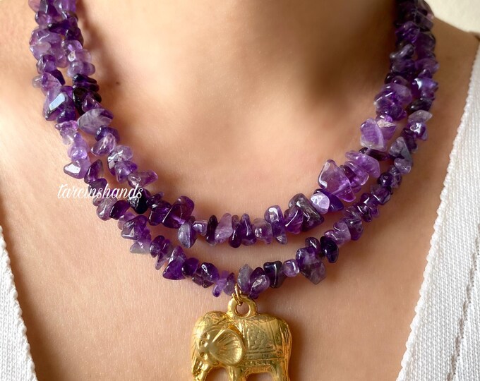 Amethyst Necklace , Multistrand Amethyst Beaded Gold Necklace with Elephant Charm, Purple Semi Precious Stone Chunky Necklace ,Boho Necklace