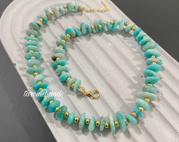 Amazonite Necklace - Gold-Plated Natural Stone, Chunky Beaded Summer Jewelry, Gemstone Statement Gift for Her