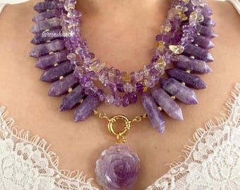 Raw Lepidolite Ametrine Necklace: Amethyst Rose Pendant, Boho Statement Jewelry
