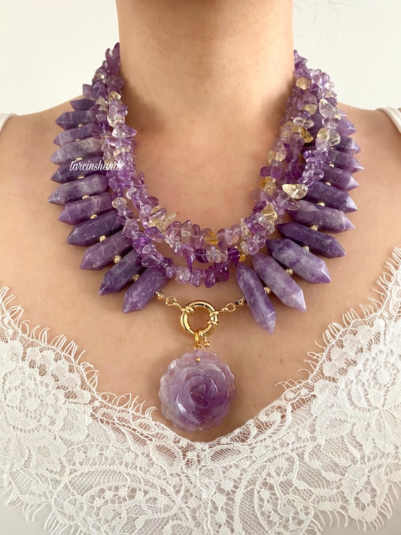 Raw Lepidolite Ametrine Necklace: Amethyst Rose Pendant, Boho Statement Jewelry