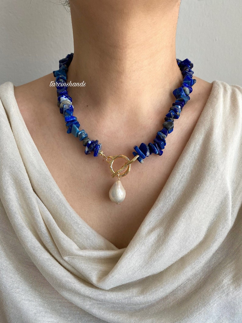 Lapis Lazuli and Baroque Pearl Necklace pendant necklace ,chunky gemstone necklace , navy blue gemstone necklace Anniversary Gifted image 1