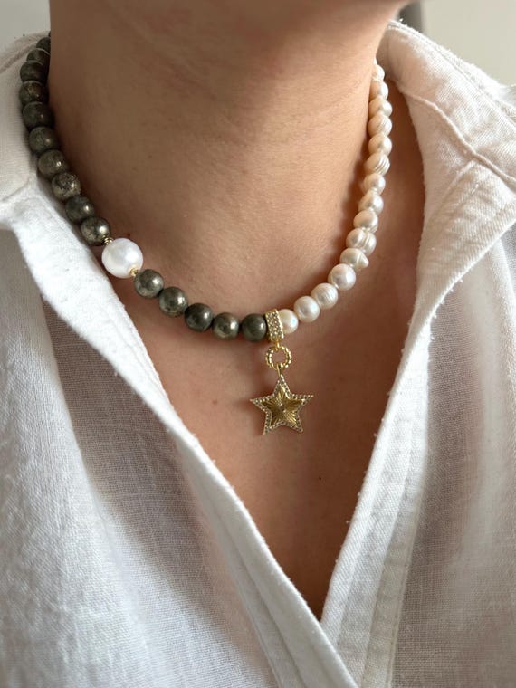 Pyrite & Freshwater Pearl Star Pendant Necklace: Gold-Plated Brass