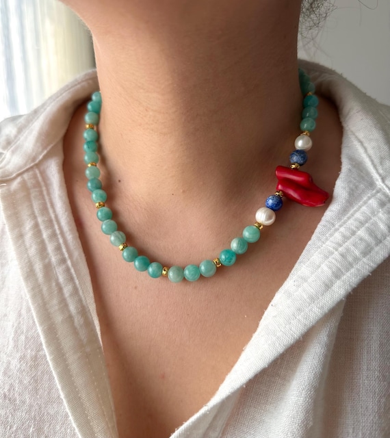 Amazonite Coral Pearl Necklace, Baroque Pearl Pendant, Handmade Gold Toggle Choker, 17 Inch Gemstone Jewelry, Summer Boho Gift