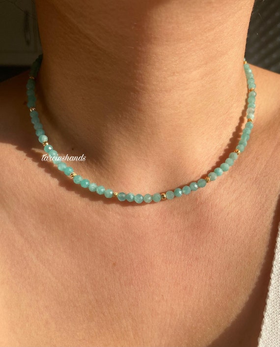 Gold-Plated Amazonite Beaded Necklace: Minimalist Blue Stone Jewelry