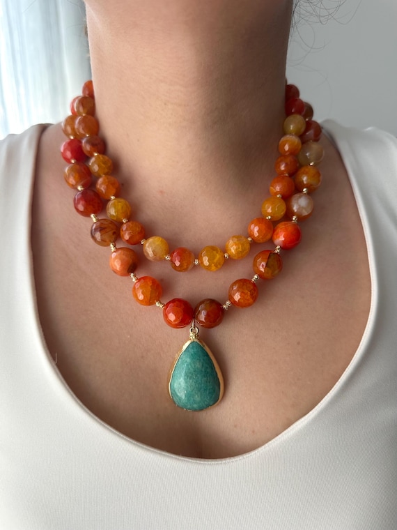Chunky Orange Agate Necklace: Boho Amazonite Pendant, Gold-Plated