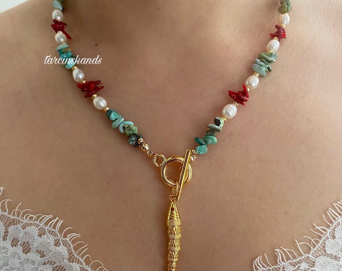 Movable Fish Pendant Natural Turquoise Red Coral And Pearl Gold Filled Toggle Necklace,Minimalist Multistone Boho Summer Necklace,Gift Idea