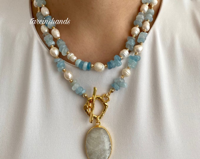 Multistrand Aquamarine and Pearl Hold Toggle Necklace with Moonstone Pendant , Natural Aquamarine Beaded Necklace , Statement Necklace Gift