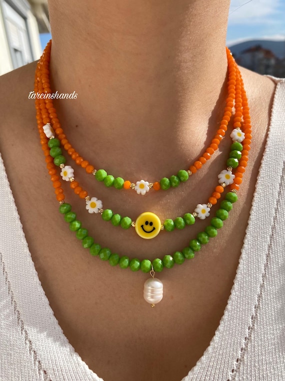 Multistrand Glass Bead Necklace: Smiley Face, Pearl Pendant