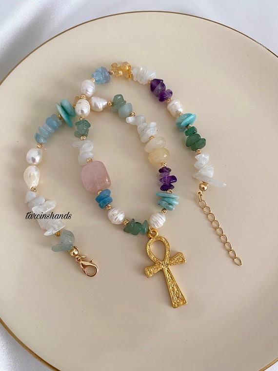 Gemstone Ankh Necklace: Gold-Plated Pearl & Crystal Spiritual Jewelry