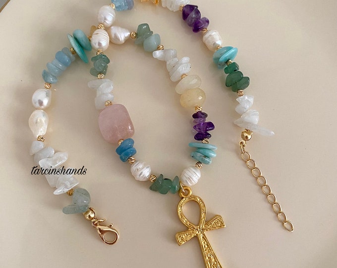 Mixed Gemstone and Pearl Gold Ankh Necklace ,Moonstone Ankh Necklace,Ankh Choker with Gemstones,Mythological Jewelry,Spiritual Necklace