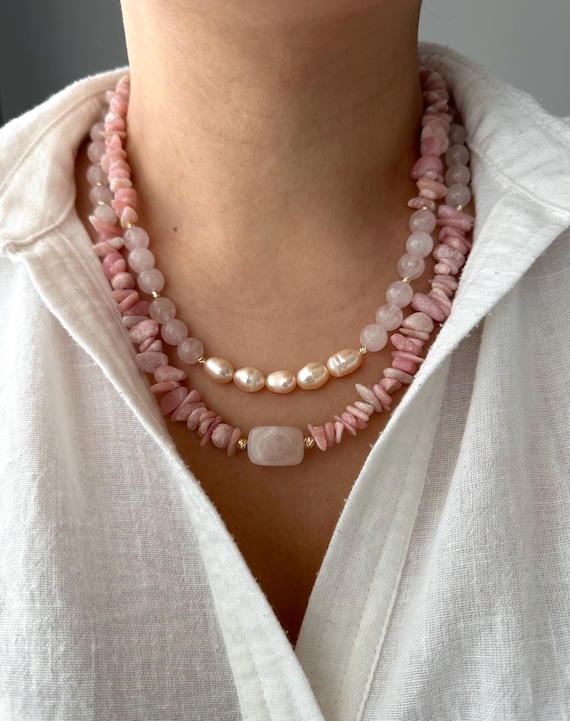Pink Opal Rose Quartz Necklace: Boho Pearl Gemstone, Gold Plated