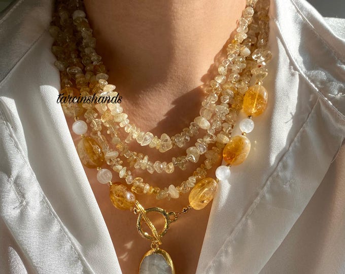 Multistrand Citrine and Selenite Gold Toggle Necklace with Moonstone Pendant, Chunky Citrine Necklace , Statement Yellow Gemstone Necklace