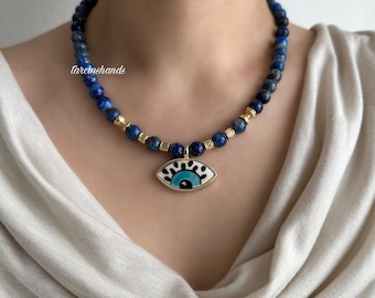 Lapis Lazuli Gold-Filled Necklace with Ceramic Evil Eye Pendant Anniversary Gifted
