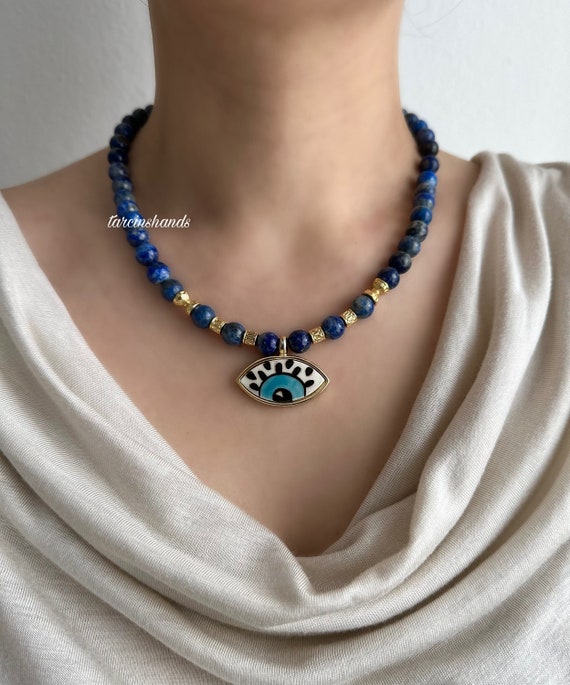Lapis Lazuli Gold-Filled Necklace with Ceramic Evil Eye Pendant Anniversary Gifted
