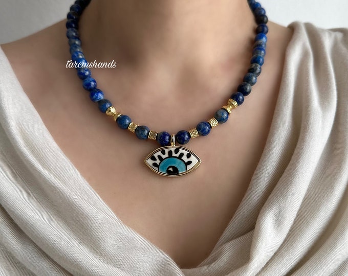 Lapis Lazuli Gold-Filled Necklace with Ceramic Evil Eye Pendant Anniversary Gifted