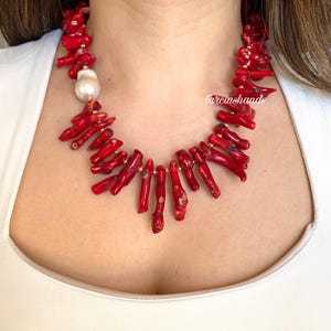 Red Branch Coral Necklace: Baroque Pearl, Gold-Plated (18+2 inches)